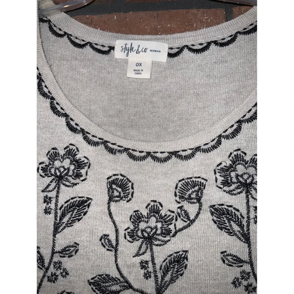 Style & Co Womens‎ Beige Long Sleeve Dress Black Floral Embroidery Size 0X - Picture 3 of 4